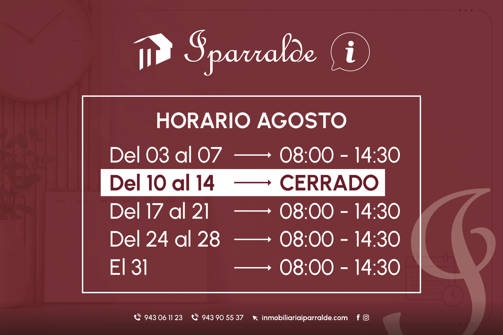 Horario de agosto oficinas Irun Iparralde Inmobiliarias